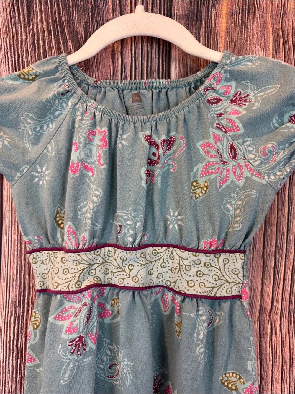 Tea Collection Blue Floral Cotton Dress with Pink and Gold Accents